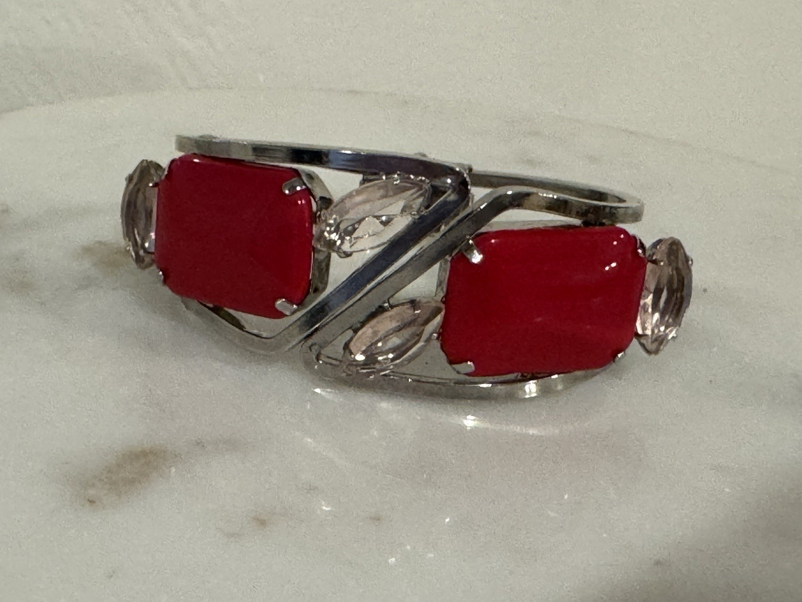 Vintage 80s Cherry Cabochon Rhinestone Clamper Hinged Bracelet 1980s