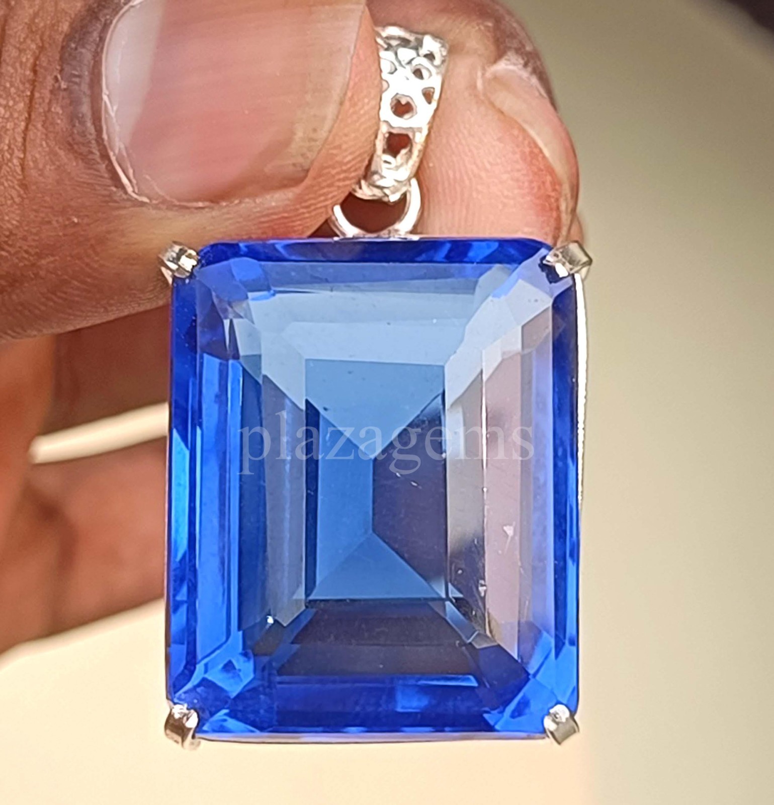 EGL Certified 97.75 Ct Blue Sapphire Emerald Cut Pendant 925 Silver Chain 5NSB