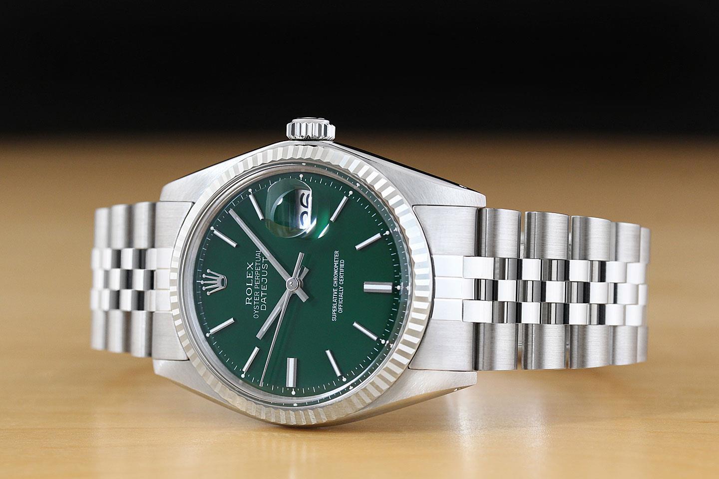 ROLEX MENS DATEJUST GREEN DIAL 18K WHITE GOLD STEEL WATCH w/ JUBILEE BRACELET