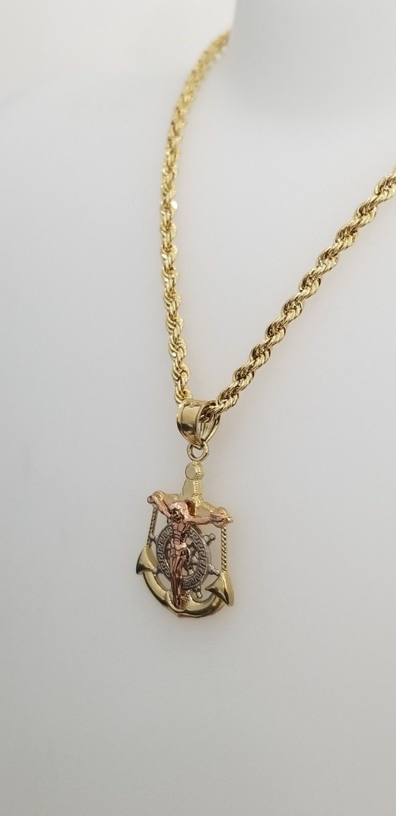 Real 10k Tri Tone Gold Anchor Jesus Cross Wheel Pendant Charm 20″ Rope Chain Set