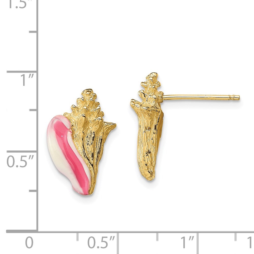 14K Yellow Gold White and Pink Enamel Conch Shell Post Stud Earrings L-15.4 mm