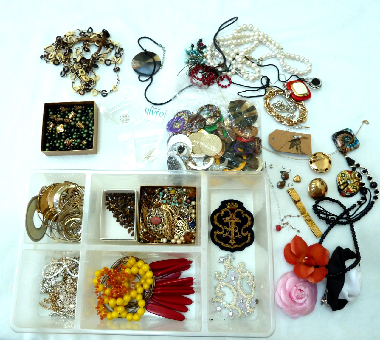 Lot of costume jewelry/various parts for crafts metal plastic stone glass wood
