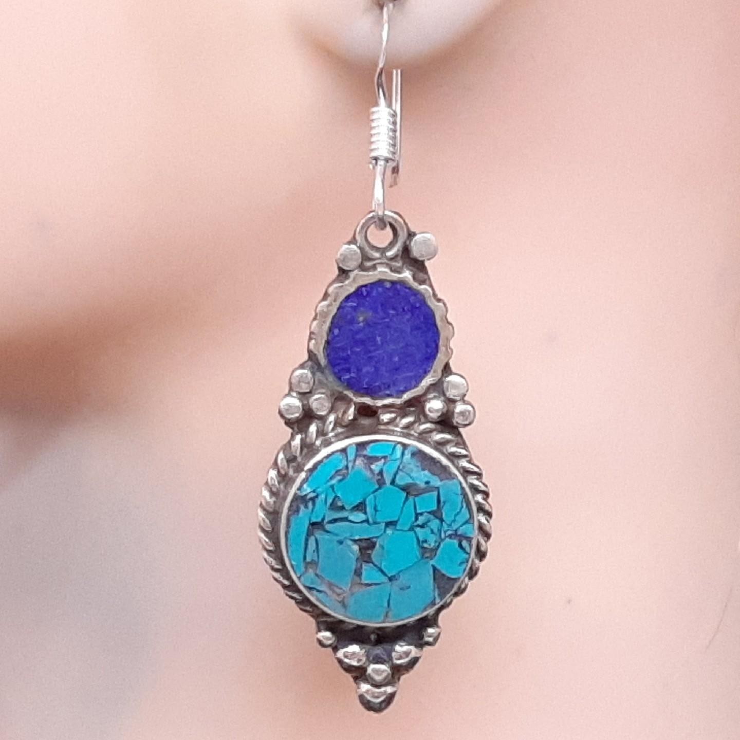 Vintage 24.00ctw Green Turquoise & Lapis Lazuli Silver Dangle Earrings