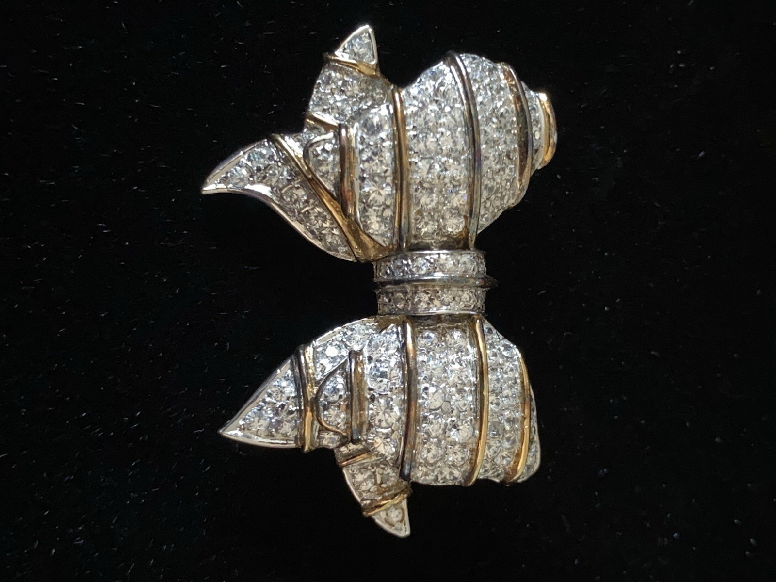 Large Sterling Silver Gold Wash 925 CZ Bow Shape Sparkly Pin Lush Signed PK