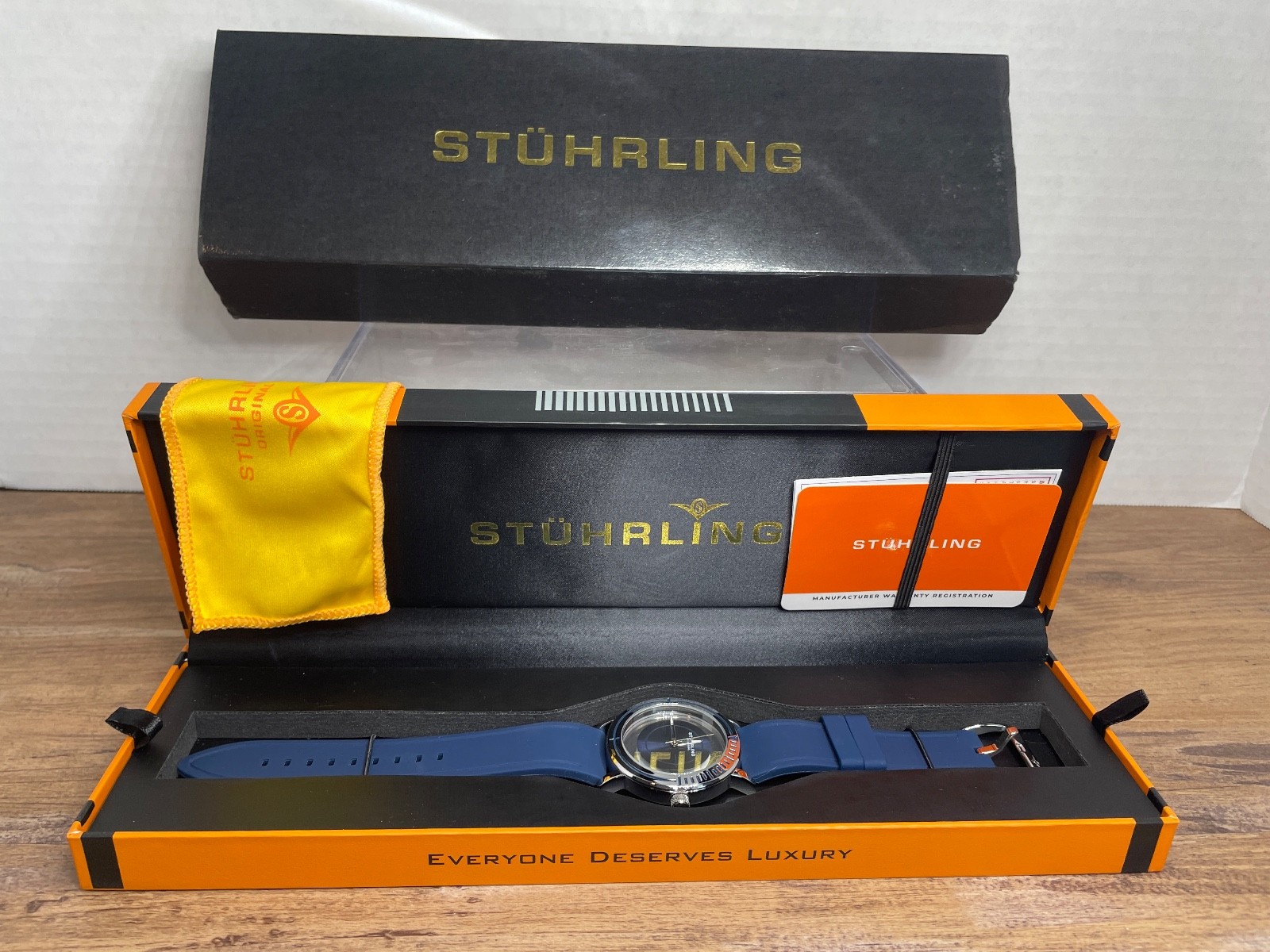 Stuhrling 3915 1 Aviator Quartz Semi Transparent Dial Blue Rubber Mens Watch