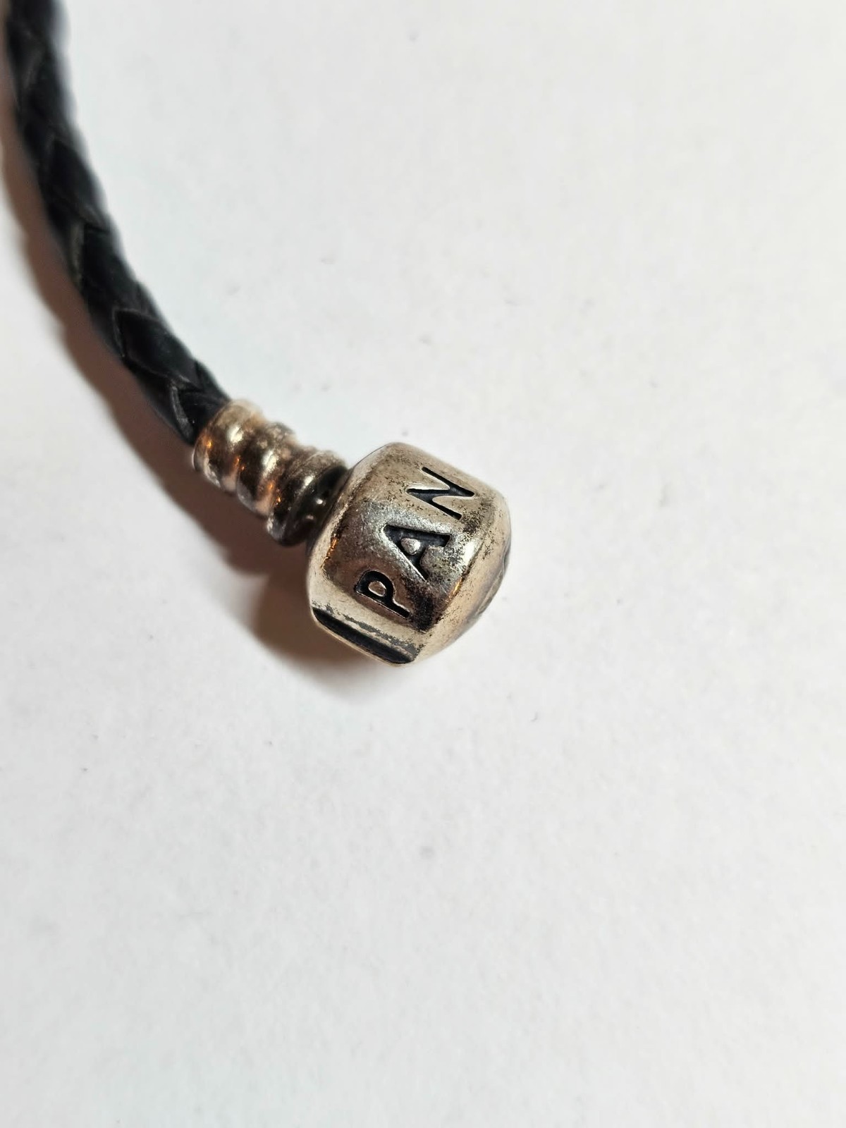 925 Sterling Silver ALE Pandora w/ Single Black Leather Bracelet 6 1/2in- S118