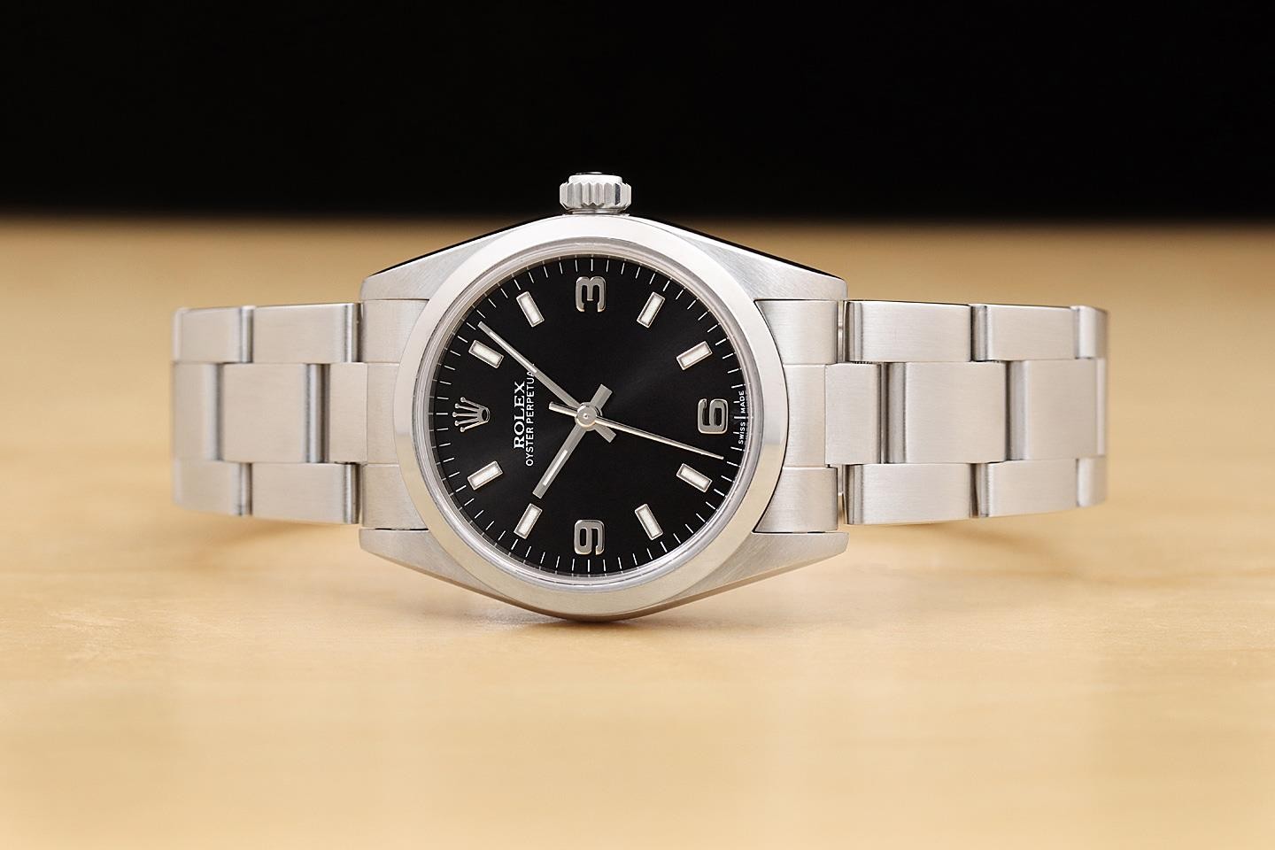 2001 ROLEX OYSTER PERPETUAL 77080 MIDSIZE BLACK 3-6-9 DIAL STAINLESS STEEL WATCH