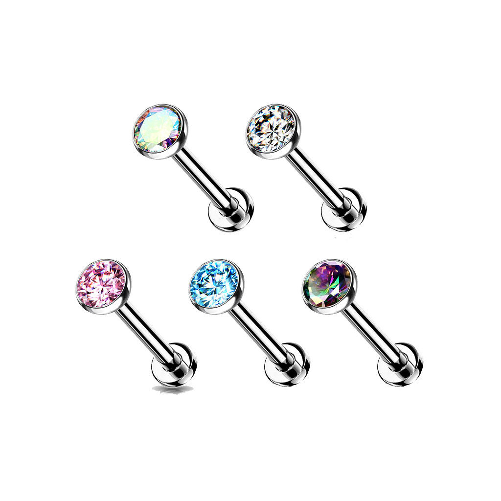 20G 18G Threadless Push in Labret Flat Back Studs Implant Grade Titanium CZ Gems