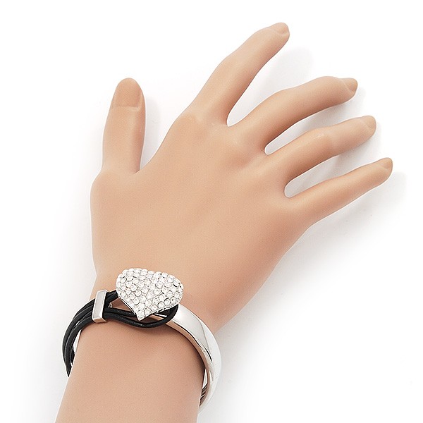 Silver Tone Diamante ‘Heart’ Leather Cord Bracelet – 17cm Length