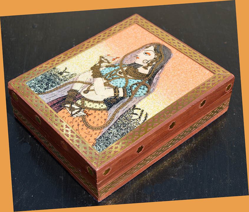 Wooden jewelry box with glass gem stone painting and brass border from India!