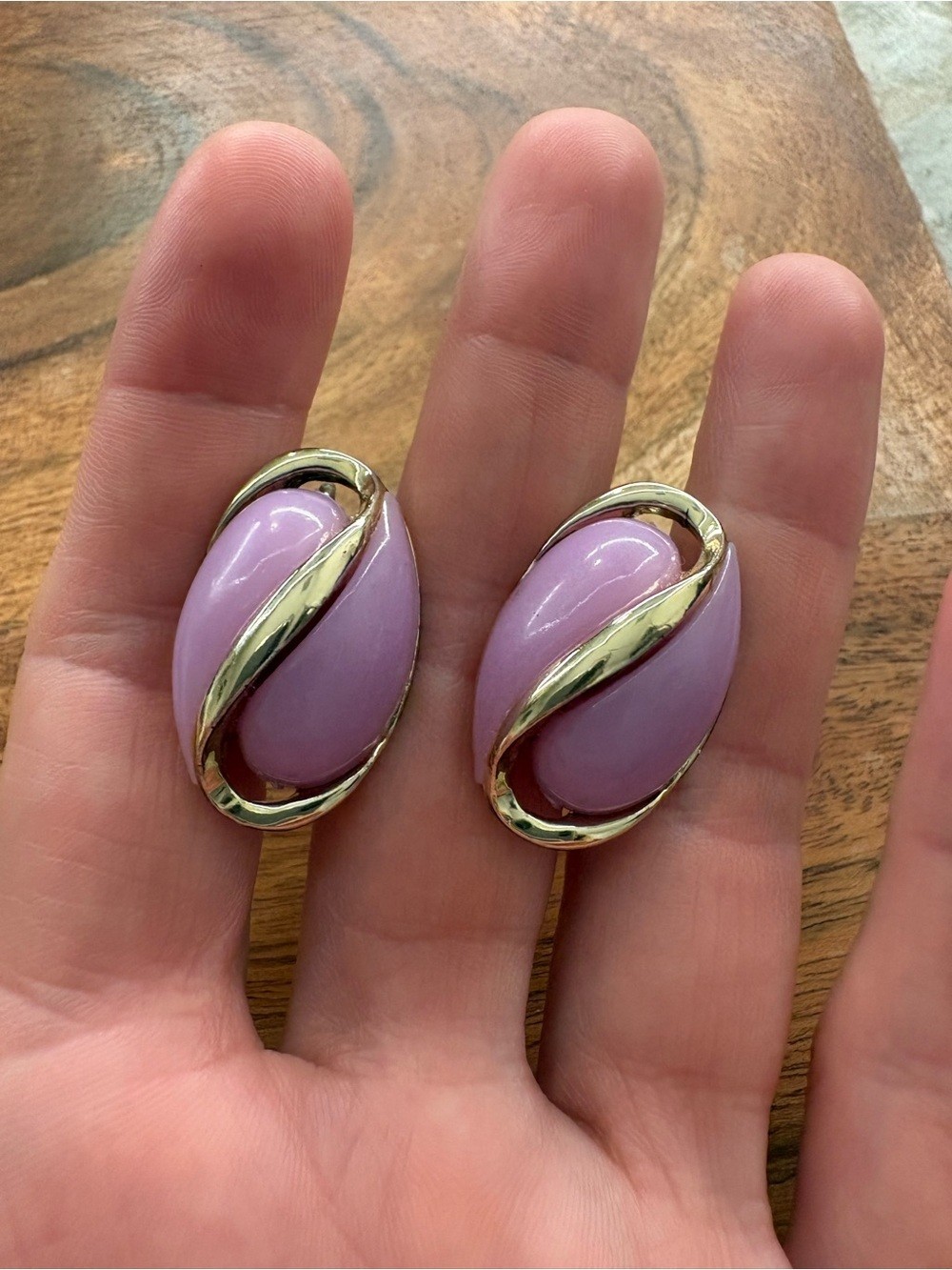 Vintage Pink Enamel and Gold-Tone Oval Clip-On Earrings