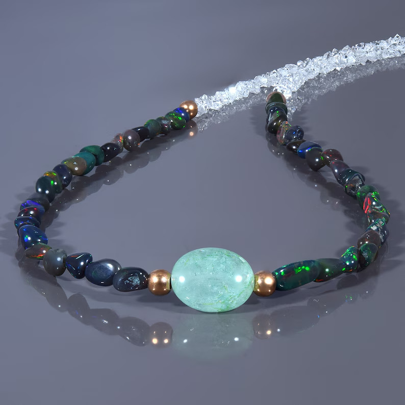 Natural Black Opal Herkimer Diamond Necklace 925 Sterling Silver Handmade Boho