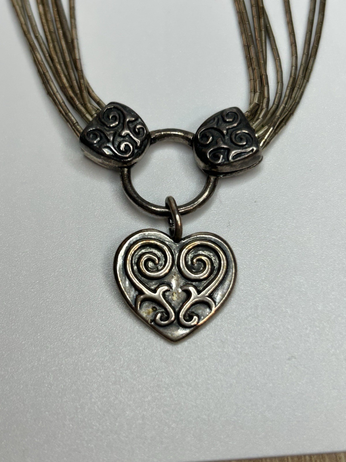 Shube Scrolled Heart Necklace Liquid Sterling Silver 925 Multi Strand 19-22”