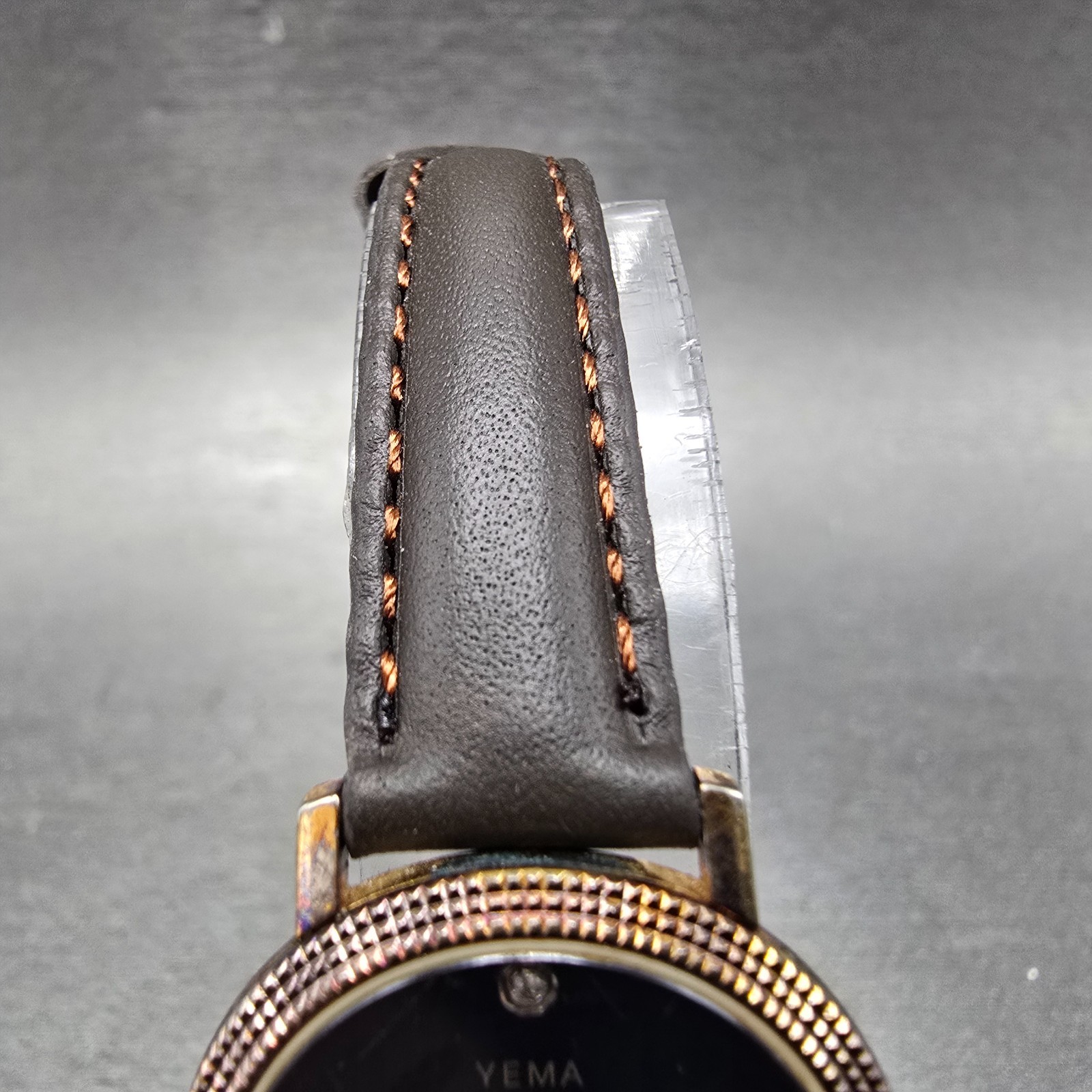 Yema Watch Women 25mm Blue Dial Gold Tone Round Leather Band New Battery