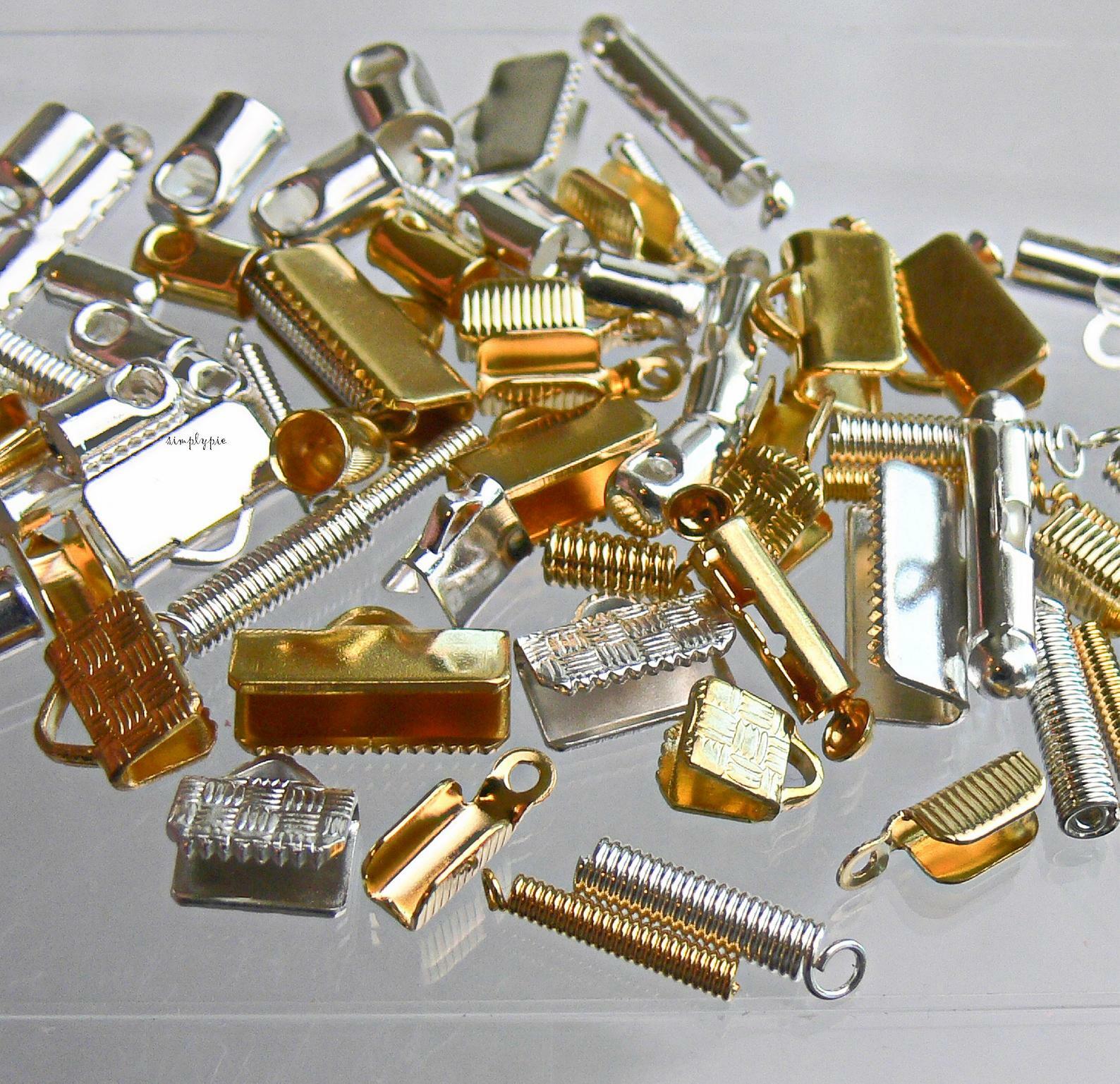 Cord Ribbon Crimp End Mix 50 Pcs Coil Bar Glue-In Fold Over