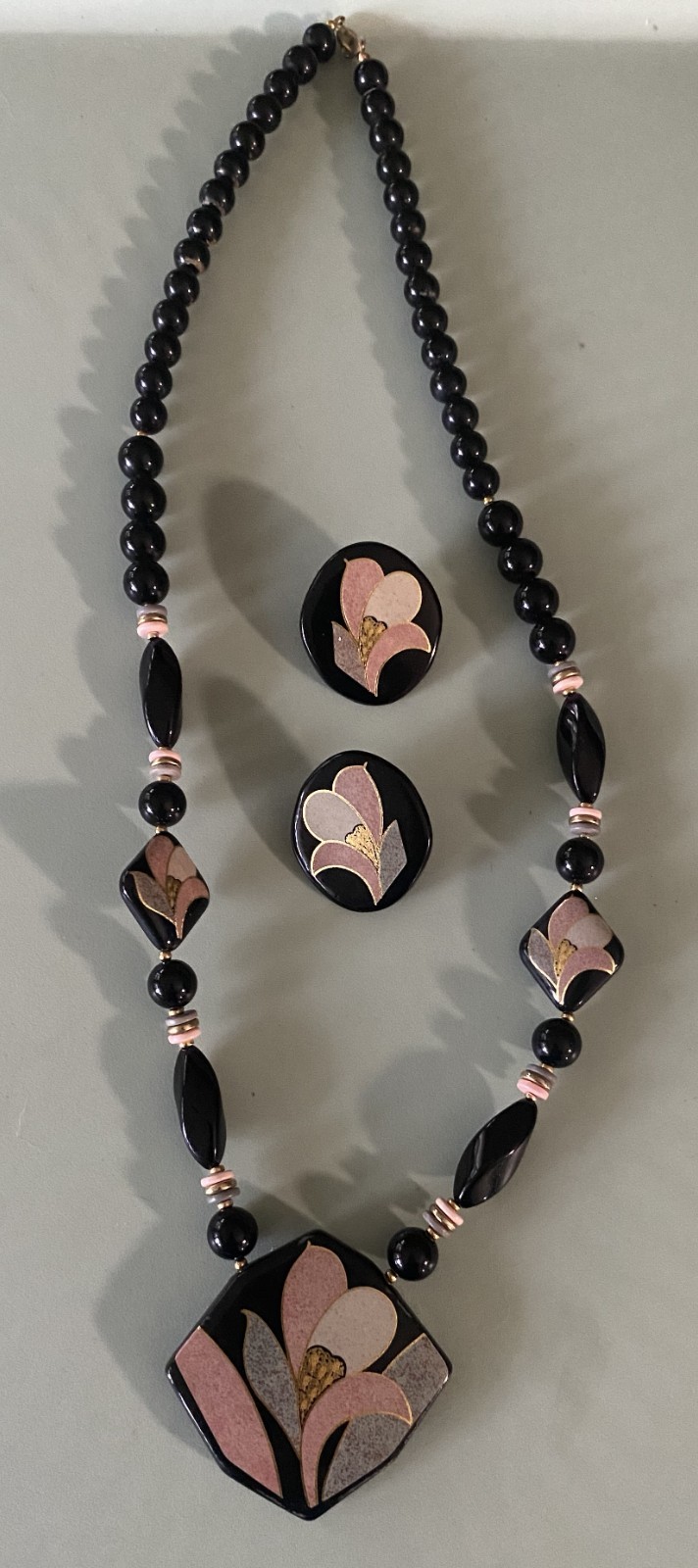 Vintage Enamel Ceramic Clay? Floral Beaded Necklace & Earrings SET Retro
