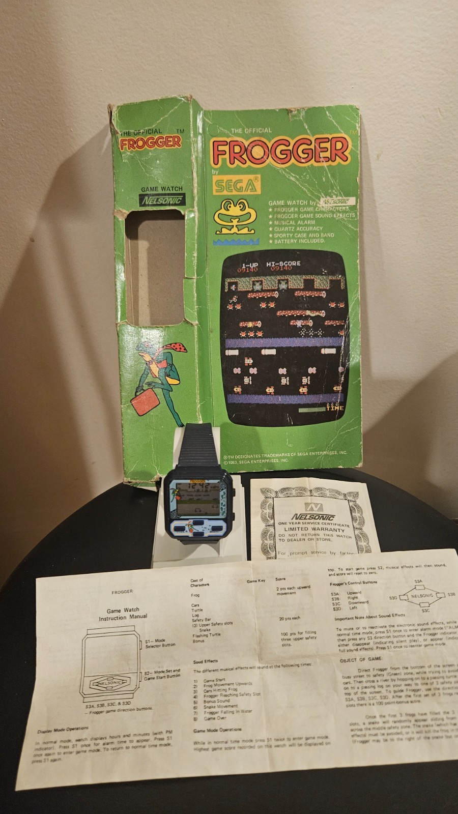 Nelsonic Frogger Video Game Watch 1983 Sega Working w Box and Papers