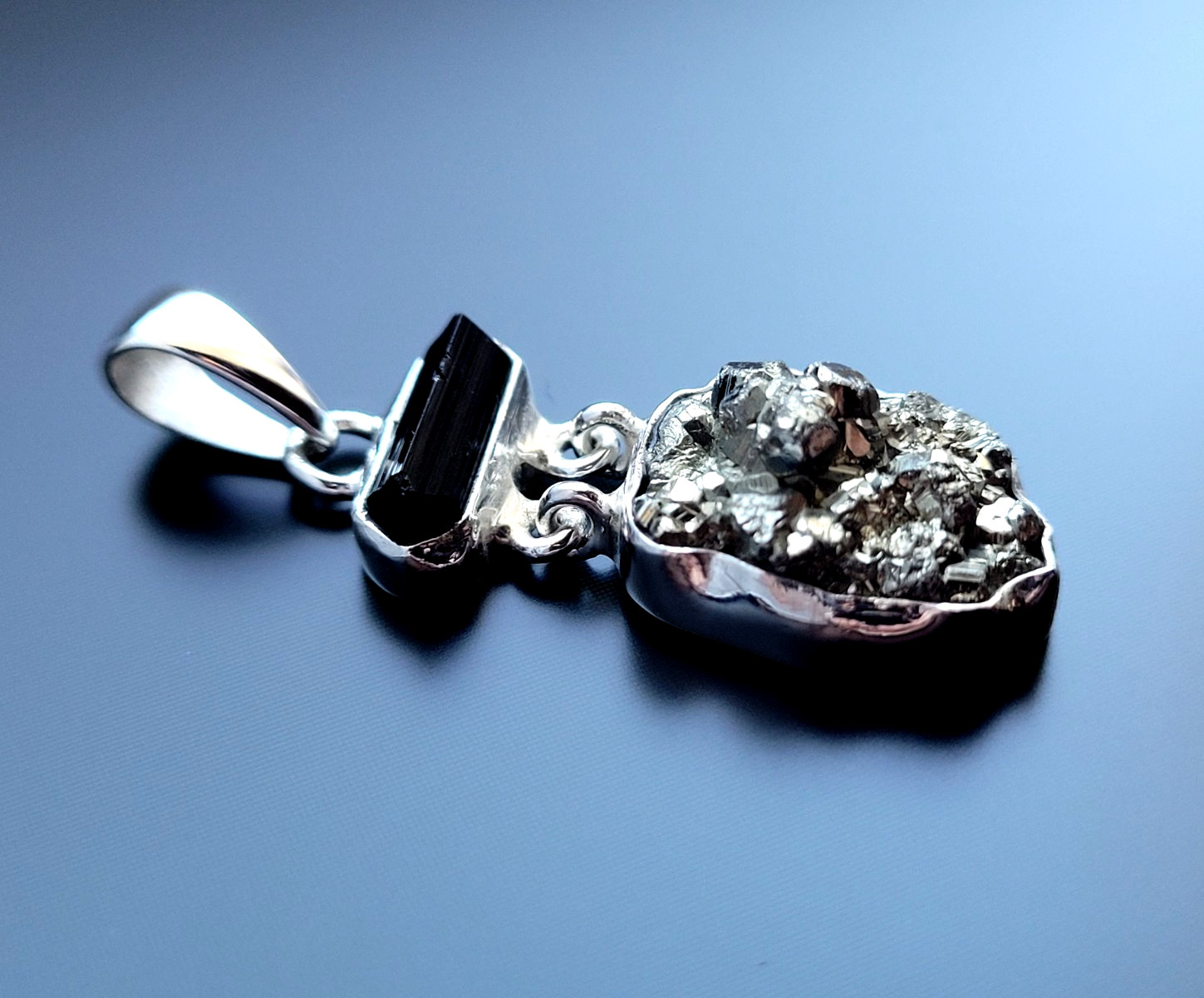 925 Silver Necklaces Pendant Black Tourmaline + Pyrite Druze Gemstone Jewellery
