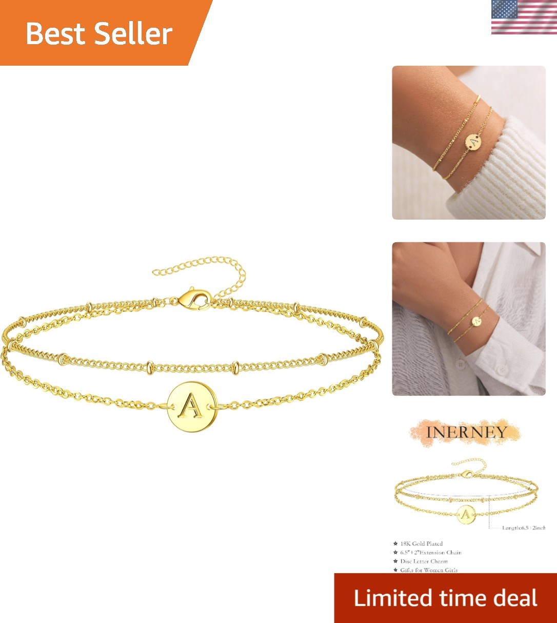 Personalized Gold Initial Bracelets for Women – Dainty 14K Gold Plated Layere…
