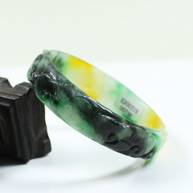 61mm Real Natural Ice Multicolor Burmese Jade jadeite Carving Bracelet Bangle