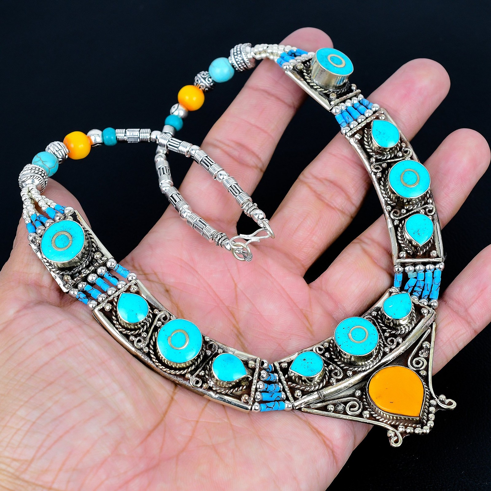 Yellow Coral Turquoise 925 Sterling Silver Nepali Tibetan Necklace 18″ PG155