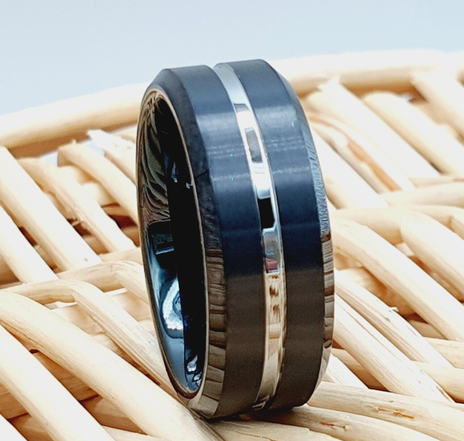 with Polished Silver inlay Men’s Wedding Band 8mm Black Brushed Tungsten Ring