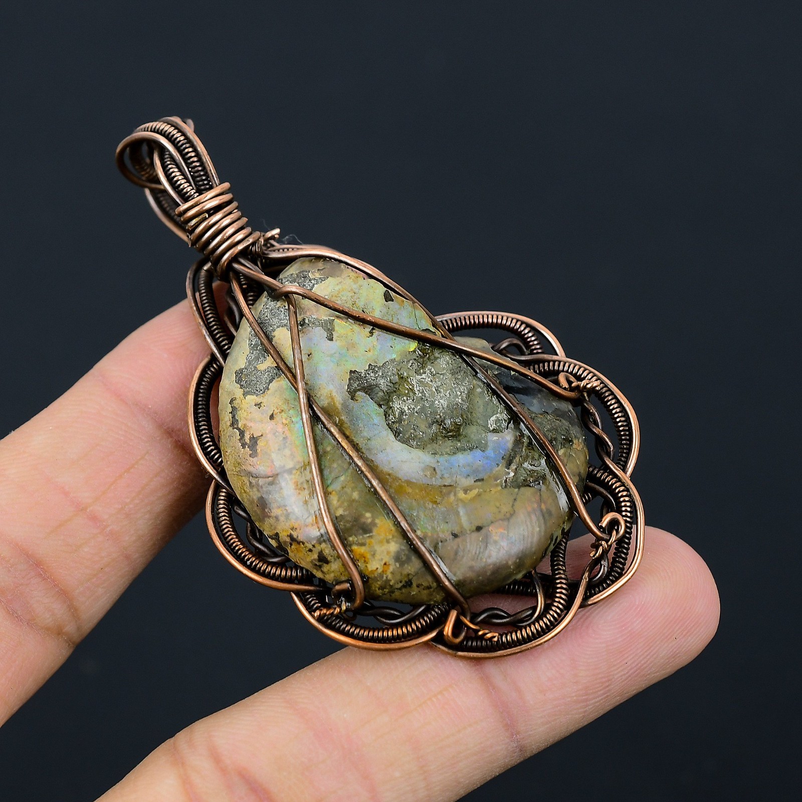 Ammonite Fossil Handmade Gemstones Copper Wire Wrapped Pendant Jewelry