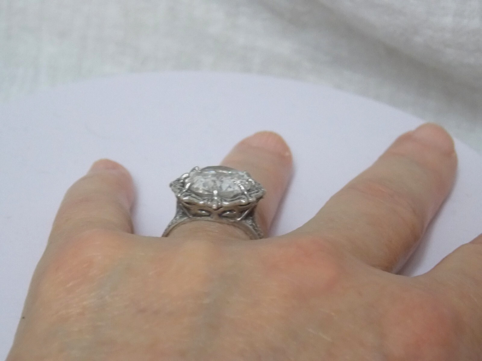 12ct White Lab Sapphire Size 7 Ring 925 Sterling Silver Filigree Vint Style USA