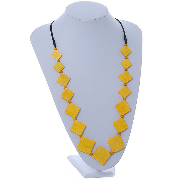 Yellow Square Bone Bead Black Cotton Cord Long Necklace – 82cm L