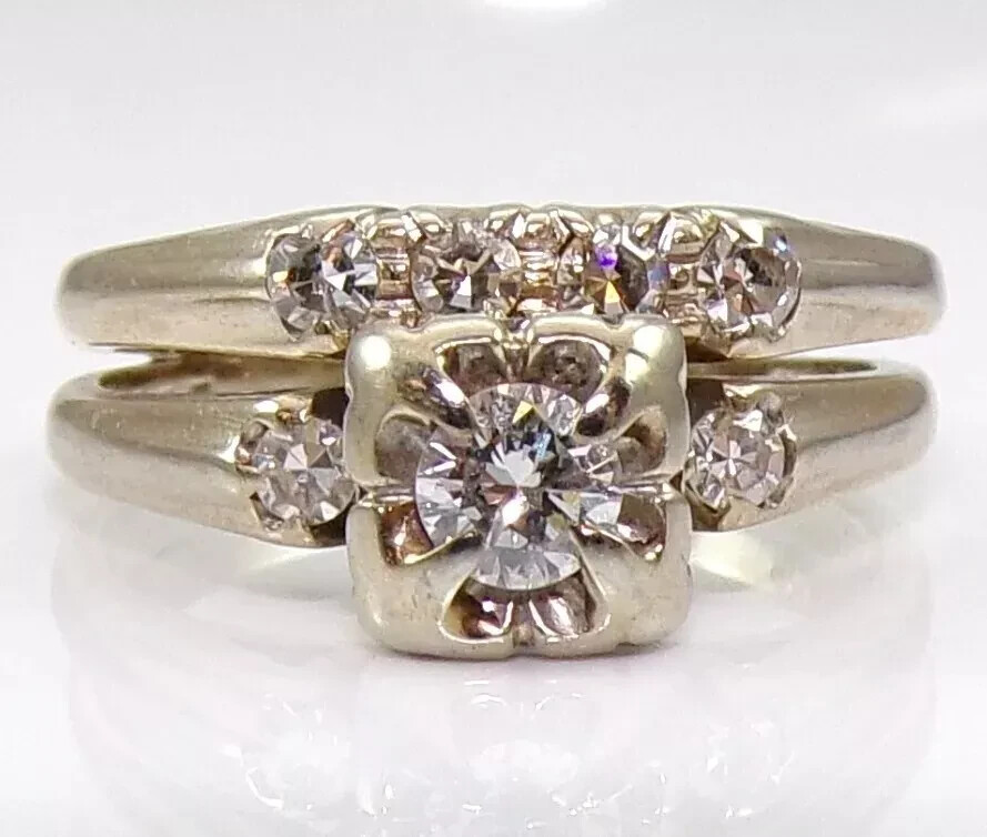 Vintage Art Deco Style Lab Created Diamond Bridal Ring Set 14k Yellow Gold FN