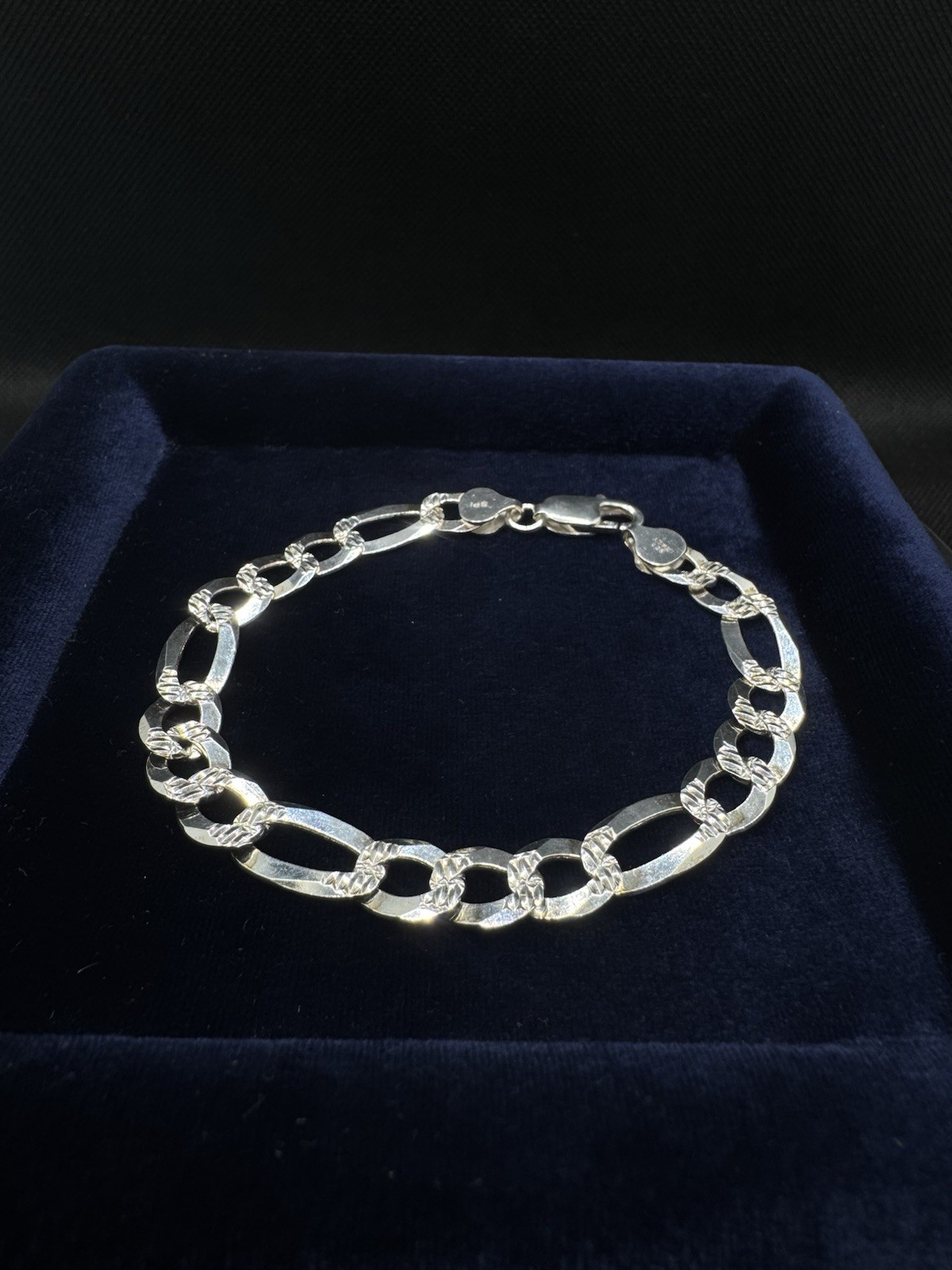 8mm Italian Figaro Pave Diamond Cut Link Chain Bracelet Real Sterling Silver 925