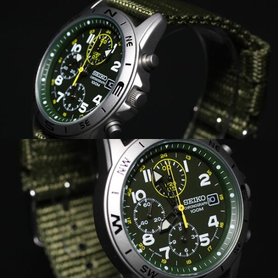 Seiko Chronograph SND377R Khaki Green Dial Quartz Nylon Strap Mens Watch New Box