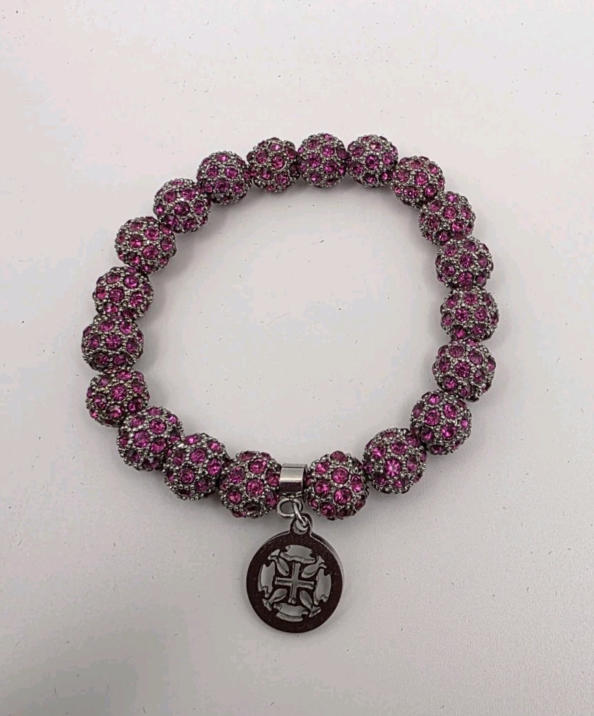 Rustic Cuff Emerson Pink Fuschia Crystal Shamballa Bead Stretch Bracelet & Charm