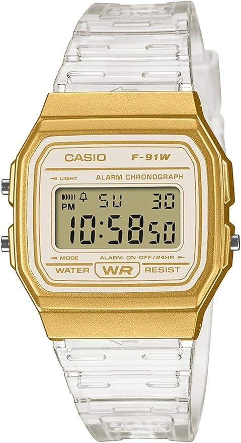 Casio F-91W Digital Watch Gold Face Transparent Clear Resin Band F-91WS-7A2JFNew