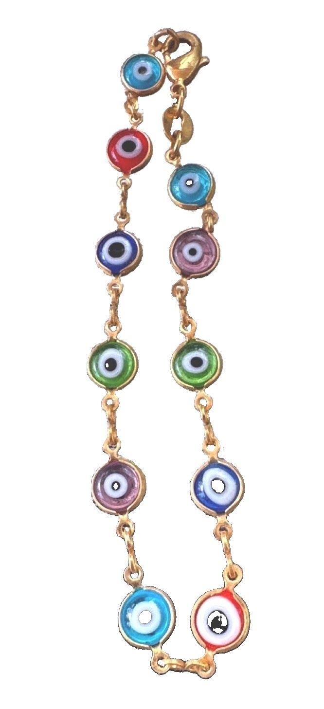 Vintage GHR Multi-Color Evil Eye Link Bracelet Gold Plated Protection Nazar