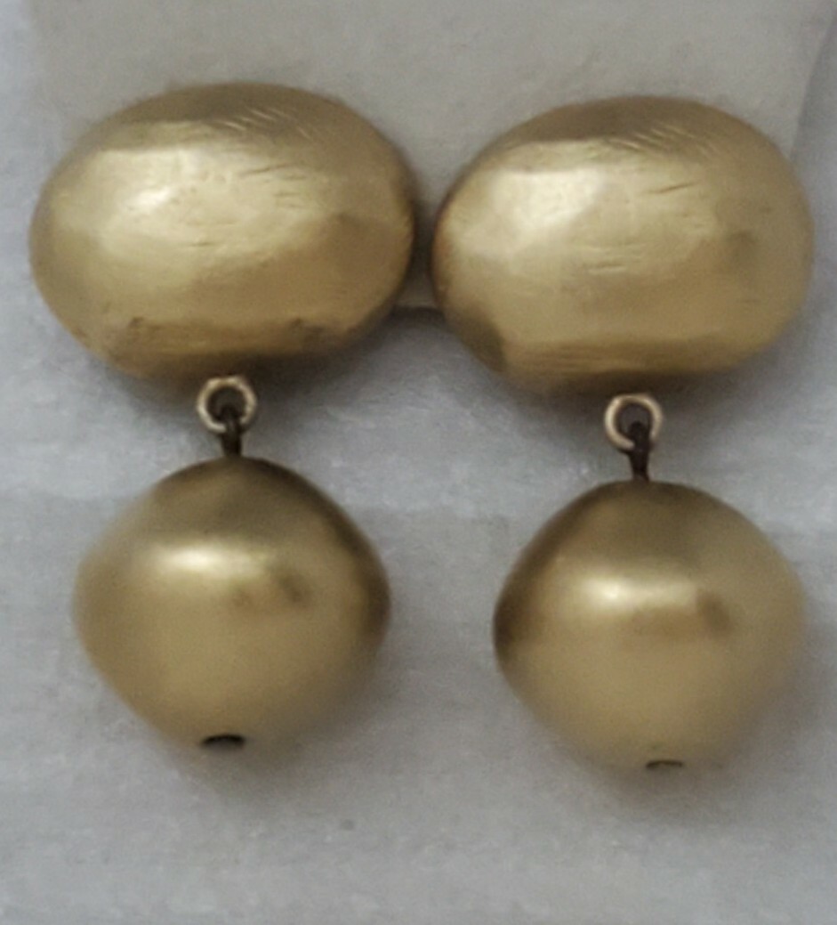 Vintage Donna Karan DKNY Signed Brush Matte Gold Tone Dangle Ball Clip Earrings