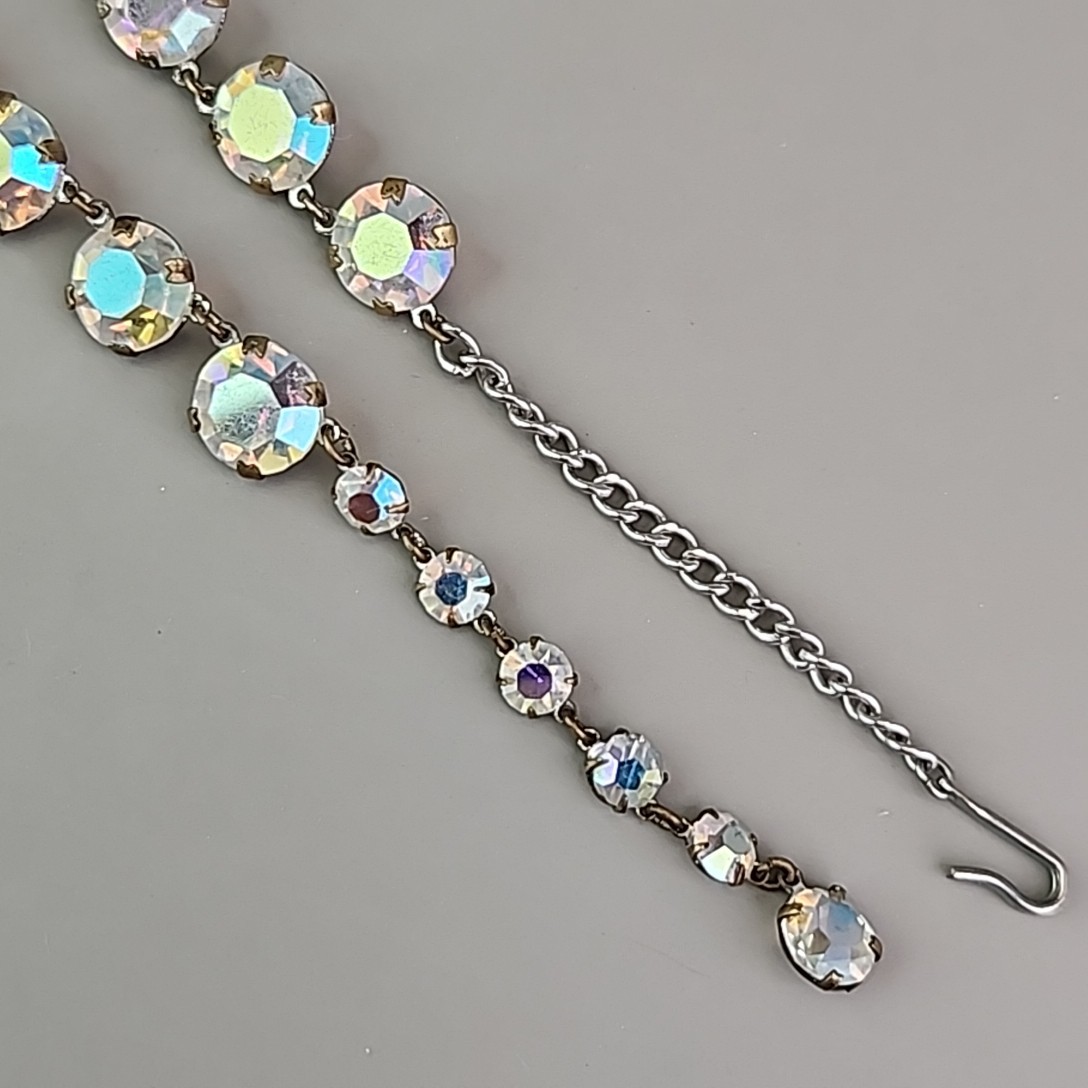 Vintage Open Bezel Necklace Aurora Borealis Round Linked Beads 17″