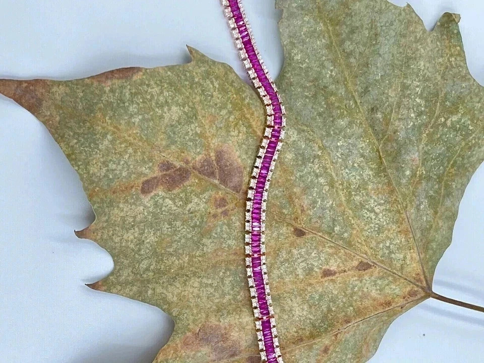 15TCW Baguette Cut Lab Created Ruby & Diamond Tennis Bracelet 14k Rose Gold Over