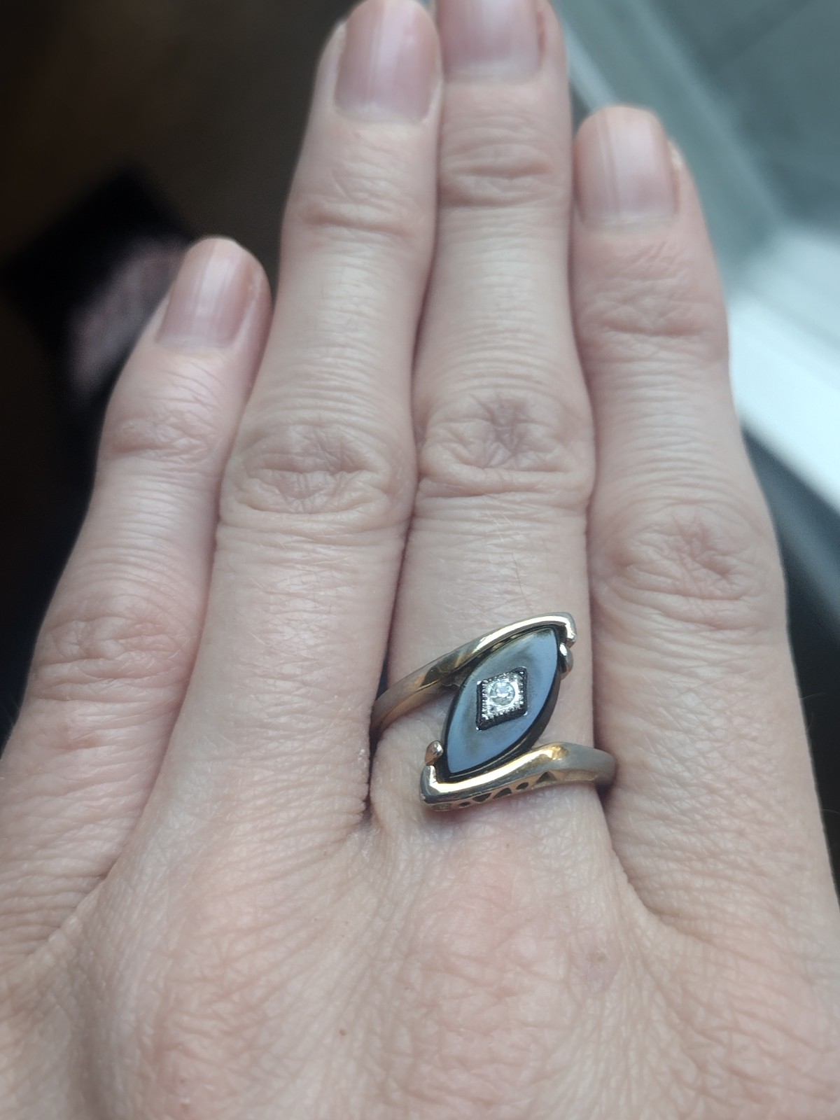 Vintage Bypass Cocktail Ring Marquise Black Stone Crystals 18K Gold Plated