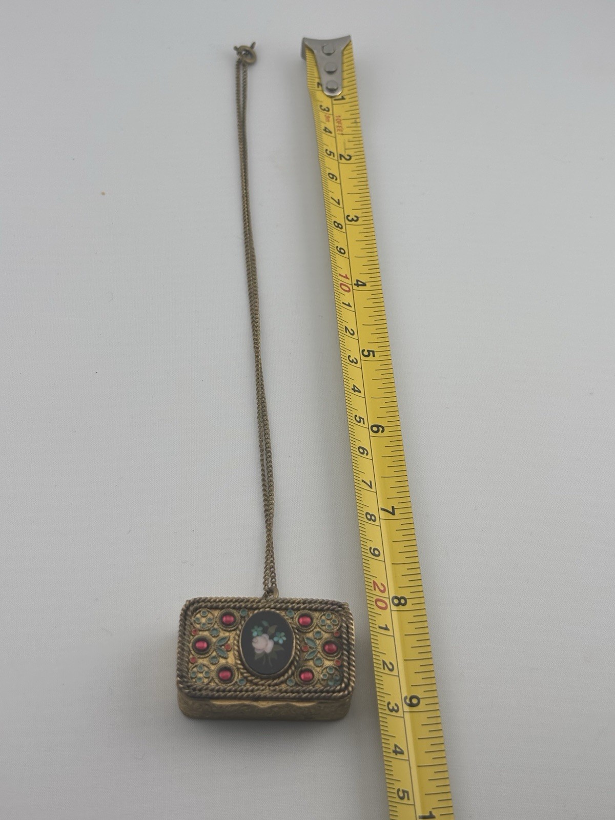 Antique 1900s Victorian Bronze Czech Glass Brass Compact Box Pendant With Chain