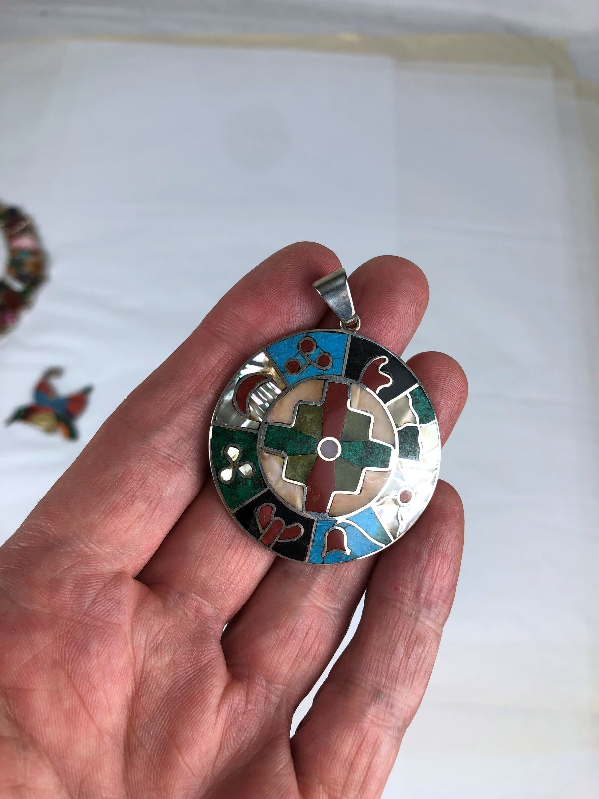 Mexico Peru 950 sterling silver inlaid stone Circle Chakana Pachamama pendant