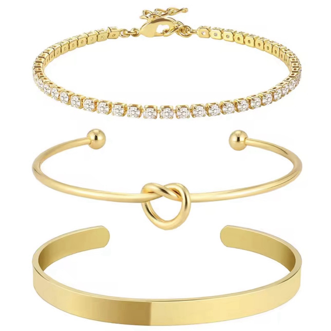 Gold Bracelet Set 3pc Tennis Bracelet Knot Cuff Bangles 14K Gold Filled