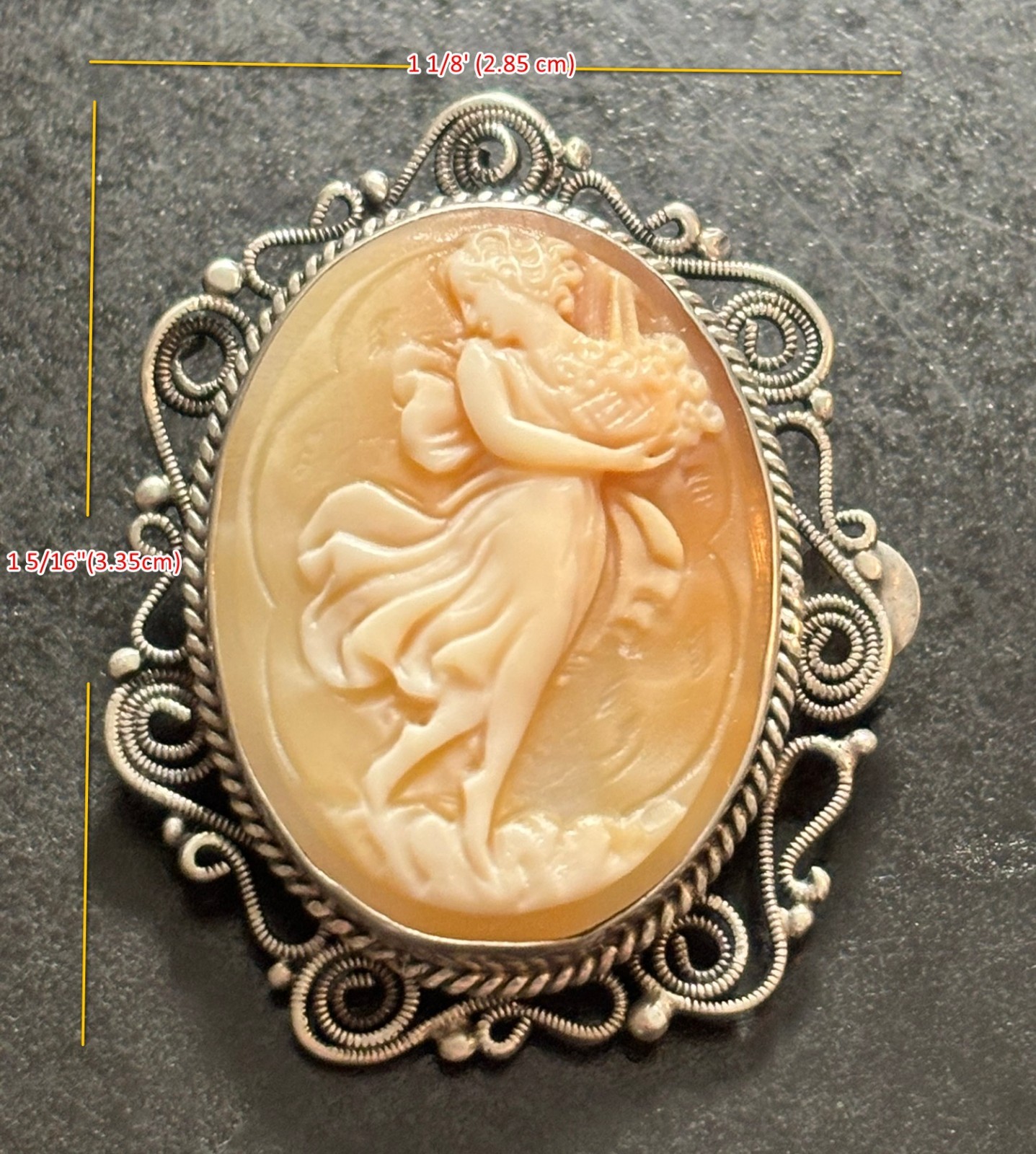 Vintage Shell Cameo Brooch* Classical Ethereal Woman Godess Figure Flowing Robes
