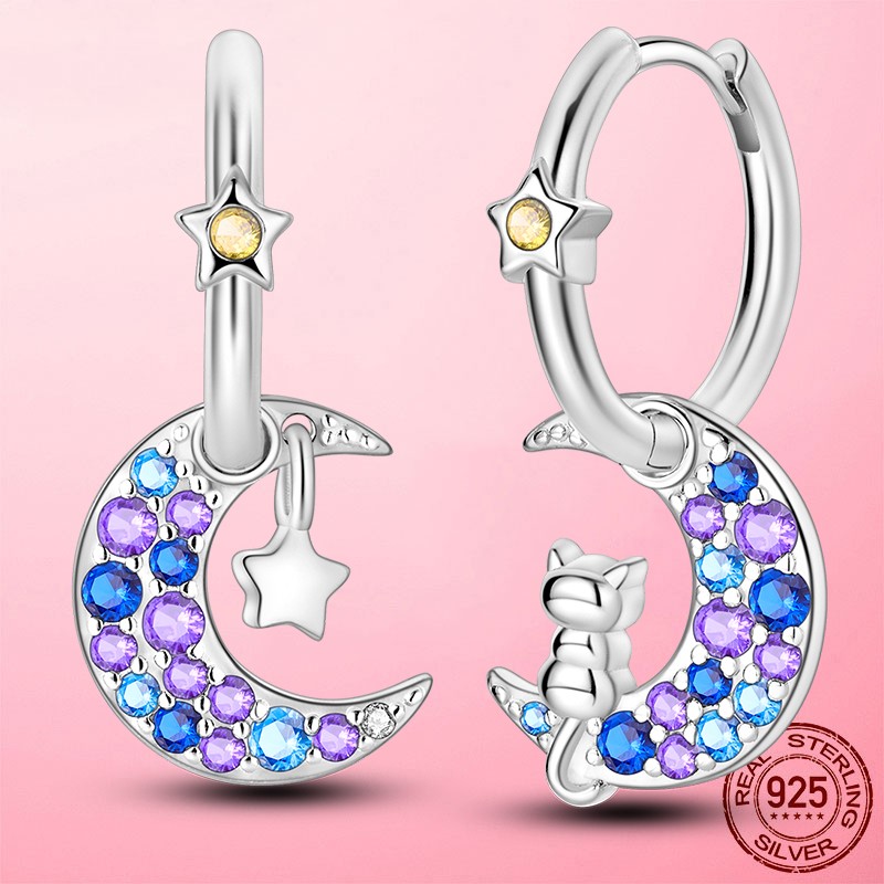 LAZA European Women 925 Sterling Silver Hoop Earrings CZ Star Moon Cat Jewelry
