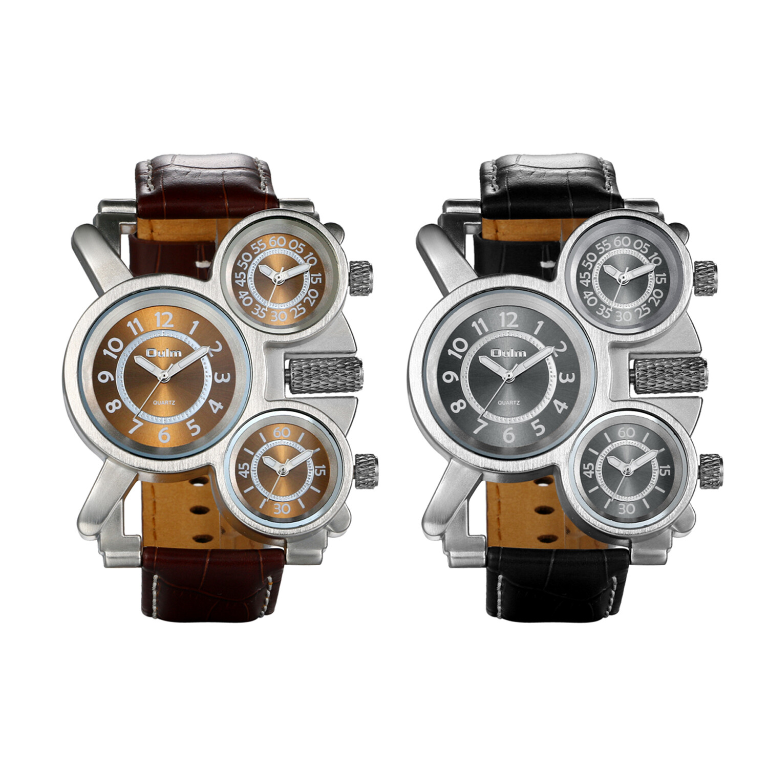Men’s Military Sports Cool 3 Time Zones Leather Strap Quartz Analog Wrist Watch