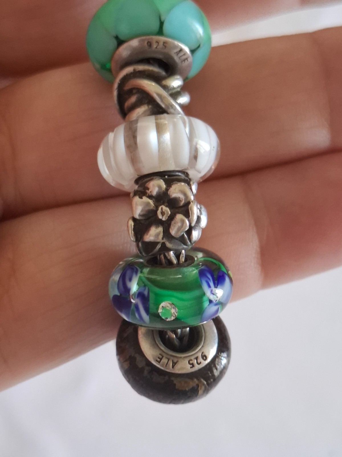 Silver 925 Trollbeads Bracelet 14 Charms Approx 20cm Blue Green