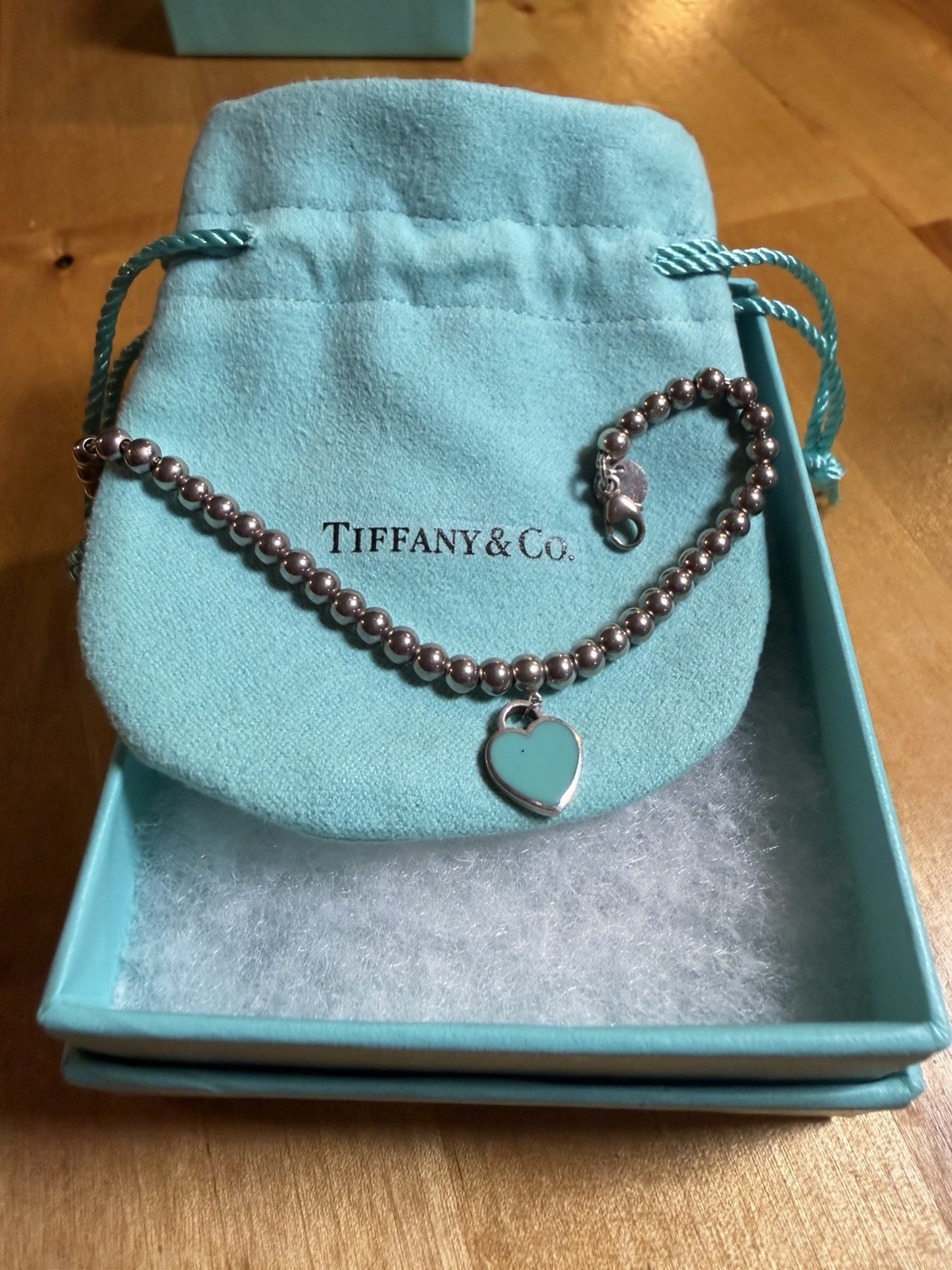 Tiffany & Co. 925 Sterling Silver Ball Bead Necklace Blue Enamel Heart Charm