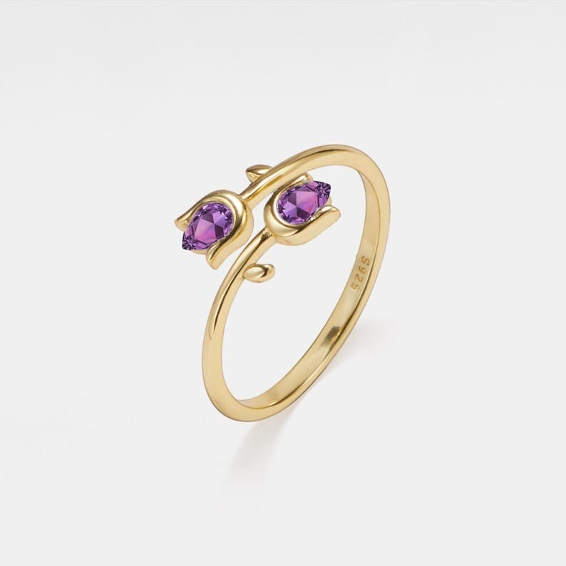 Purple Amethyst Tulip Flower Stacking Bypass Ring in 925 Sterling Silver