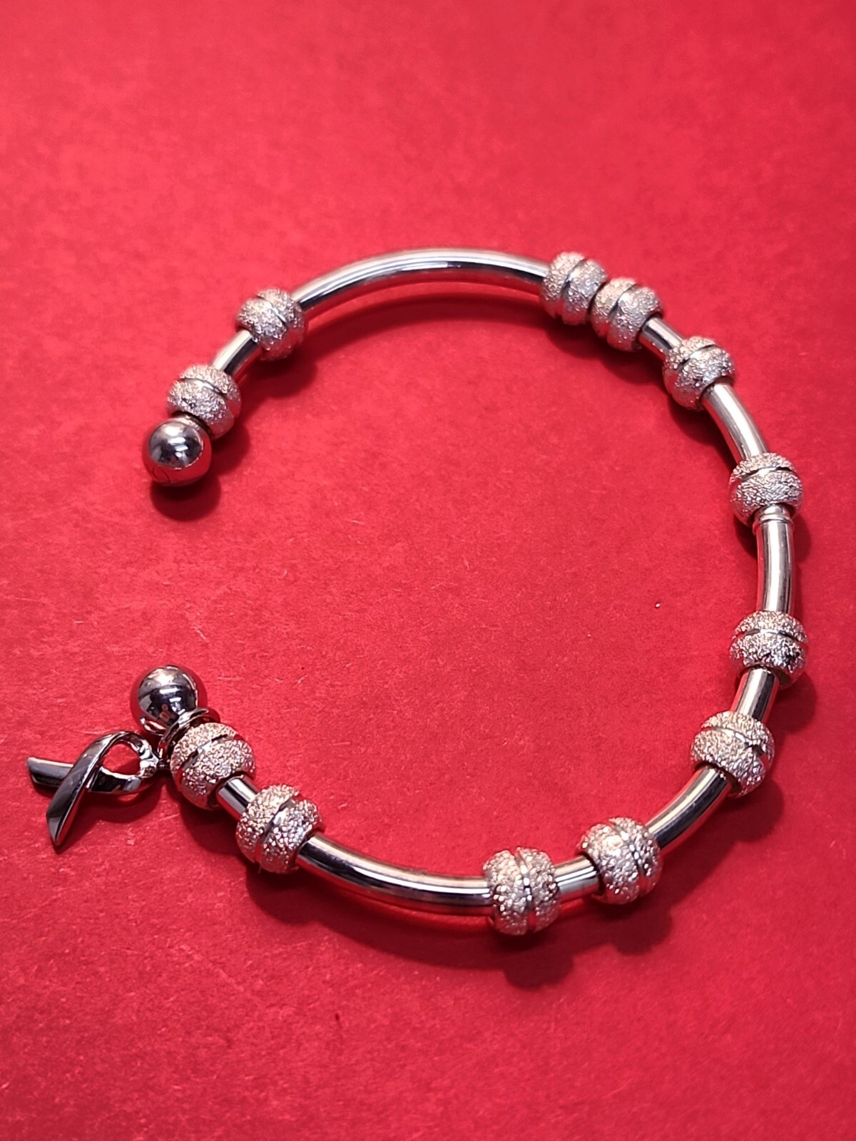 Vintage 925 Beaded Open Cuff Bangle Bracelet With Ribbon Charm 15.42 G