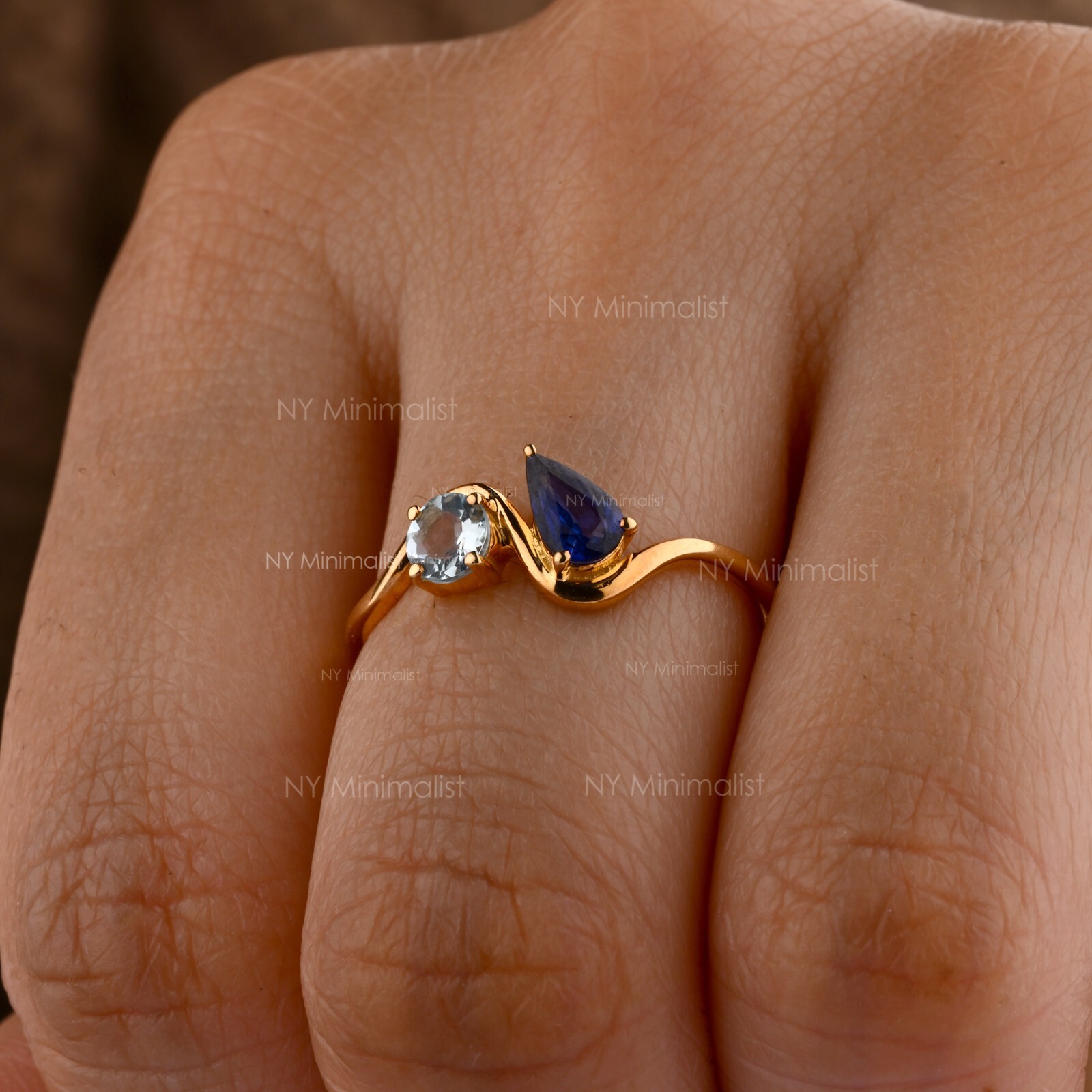 Natural Diffused Pear Blue Sapphire & Round Aquamarine 14K Gold Wave Band Ring